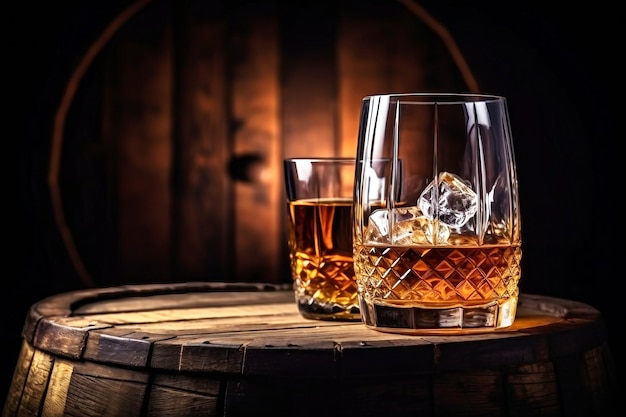 ウイスキー飲み物 氷付きウイスキーを飲むとウイスキーはオークので味が良くなります 氷付きウィスキーやコニャックを飲むアルコール飲み物 オークのの背景にクローズアップして熟成します