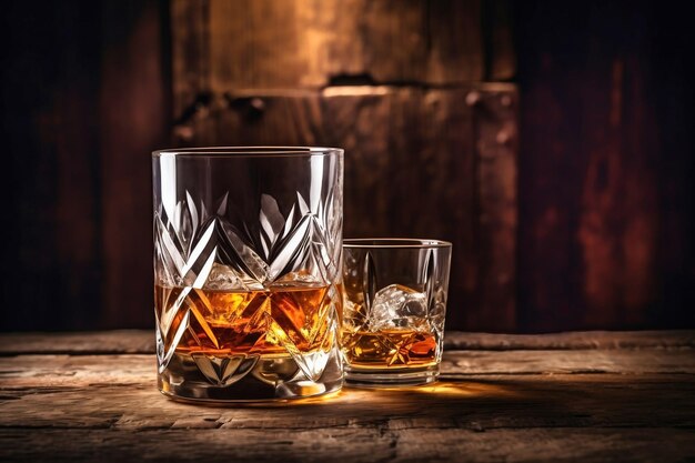 Whiskey drinks You need to drink whiskey with ice then the whiskey tastes better of an oak barrel Alcoholic drink with ice whiskey or cognac closeup on the background of an oak barrel for aging