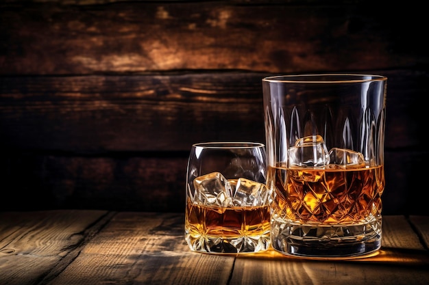 Whiskey drinks You need to drink whiskey with ice then the whiskey tastes better of an oak barrel Alcoholic drink with ice whiskey or cognac closeup on the background of an oak barrel for aging