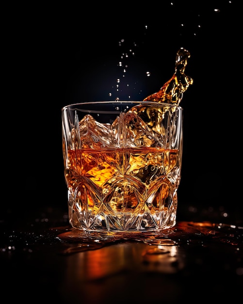 Whiskey Gietactie Amber Liquid Stream van fles naar glas met lichtbreking op achtergrond