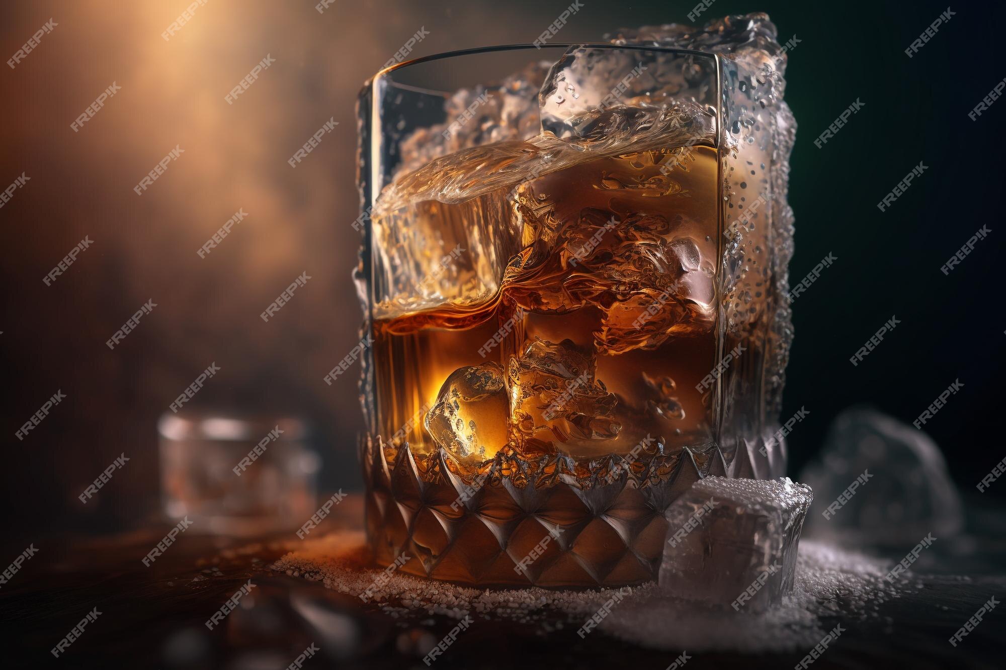 Premium Photo  Whiskey bourbon on ice served in decorative glasses.