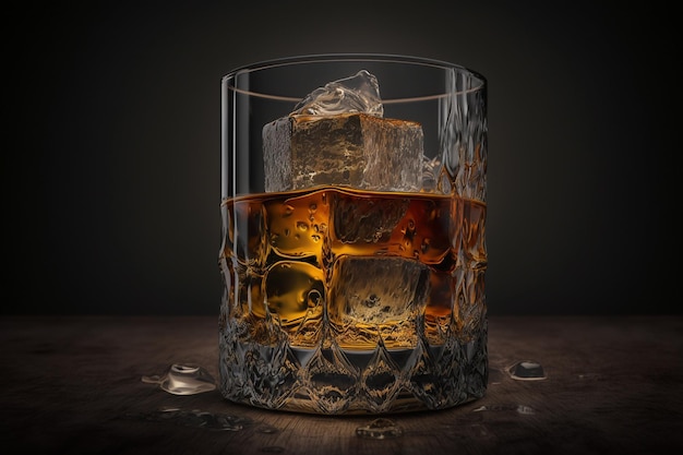 ウィスキー グラス ブランデー ウィスキーと氷のボトル スコッチと氷のグラスは、素朴なウィスキー バレルの上に座っています 昔ながらのカクテル クラシック バーボンとビターズ バレル