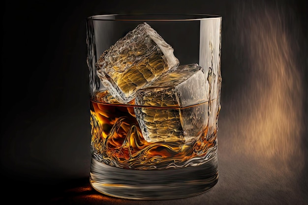 Whiskey glass made of thin glass with little drink and ice