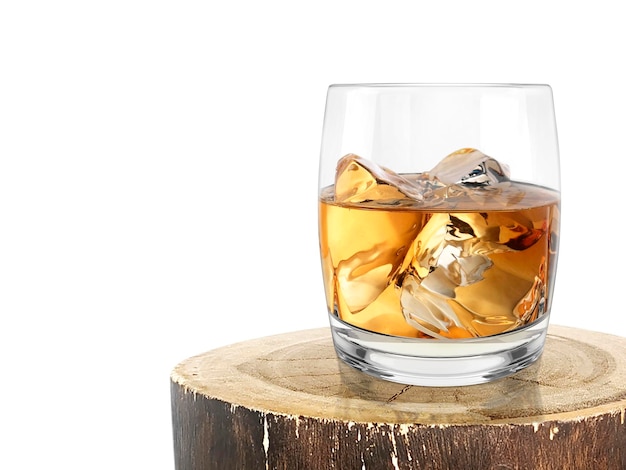 Whiskey glass on old wood log