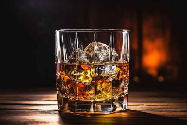 Whiskey in glass with cubes of ice on dark wooden rustic background close up