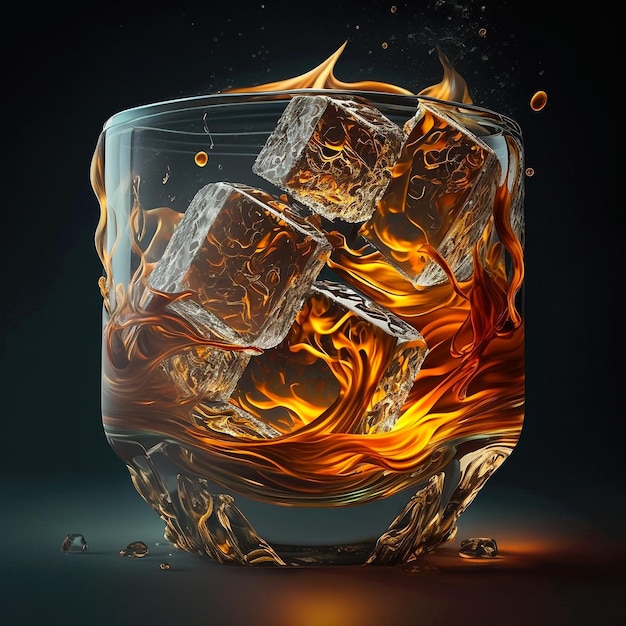 Whiskey in glass with Ice cubes and fire flame on Black background and reflections splash