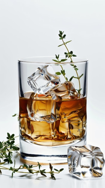 Whiskey glass with ice cubes and thyme