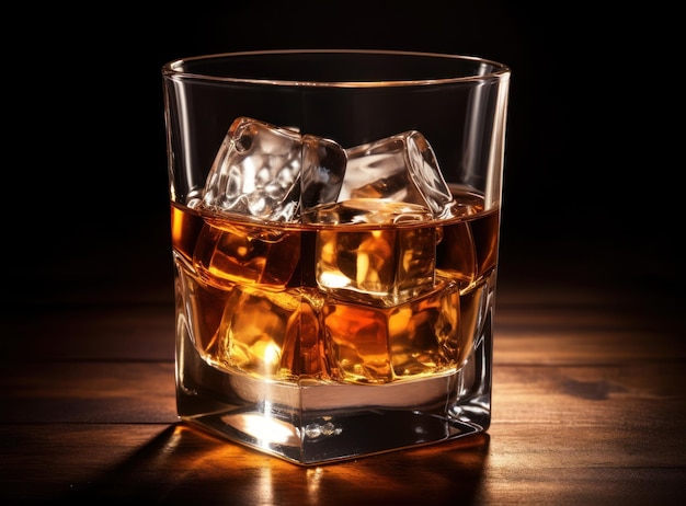 whiskey glass with ice cubes