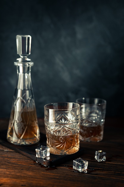 Whiskey in glass with ice