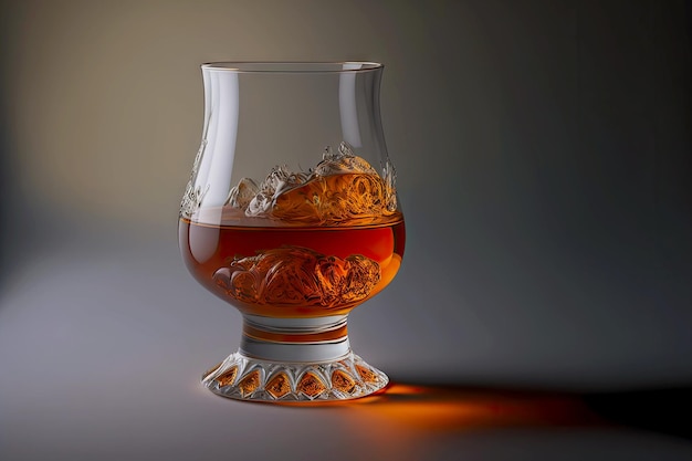 Whiskey glass with small amount of brandy on white gray background