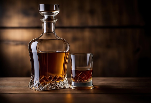 Whiskey glazen karaf op donkere houten achtergrond Generatieve AI