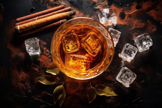 Whiskey ice and cigar shown from above with space for writing