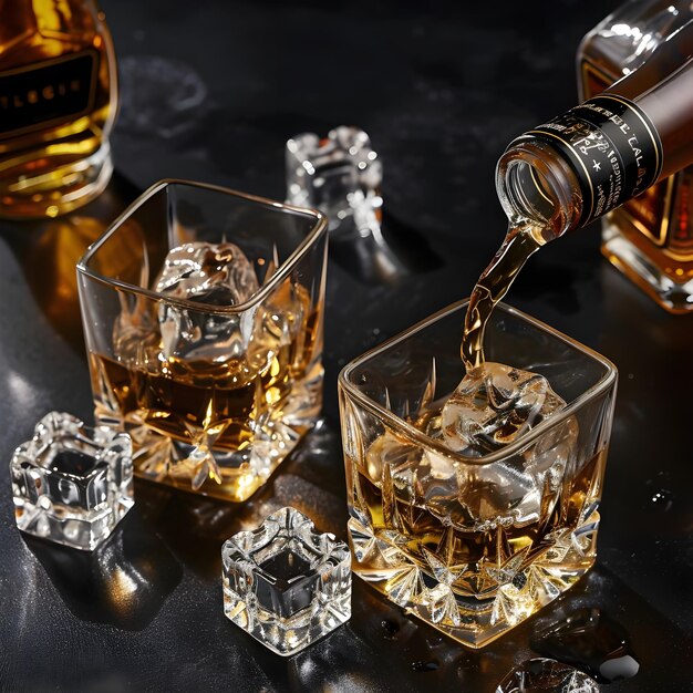 Photo whiskey is pouring from the bottle into the glass whiskey glass with ice on black background