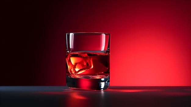 Foto whiskey o liquore sulle rocce in un bicchiere trasparente su uno sfondo rosso vibrante che evidenzia il bagliore dei liquidi ambra