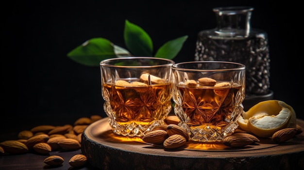 Whiskey met een glazen glas brandewijn op een houten tafel.