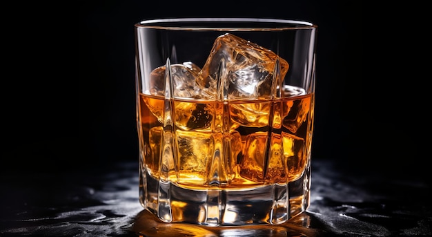 Whiskey met ijs in een glas op een donkere achtergrond