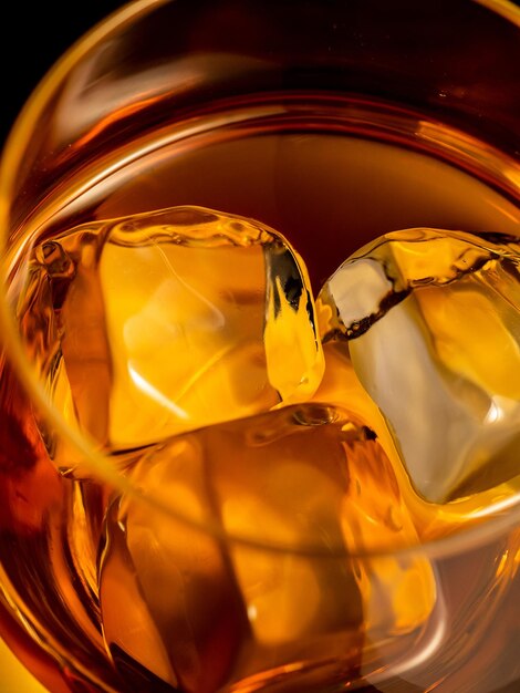 Foto whiskey on the rocks glas gevuld met ijsblokjes close-up shot