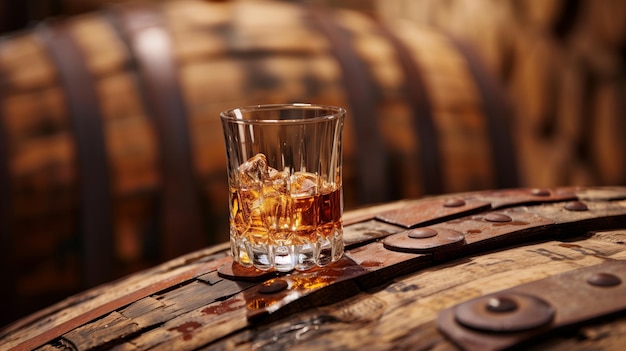 Whiskey op ijs in een glas bovenop een rustiek houten vat met een warme bokeh achtergrond