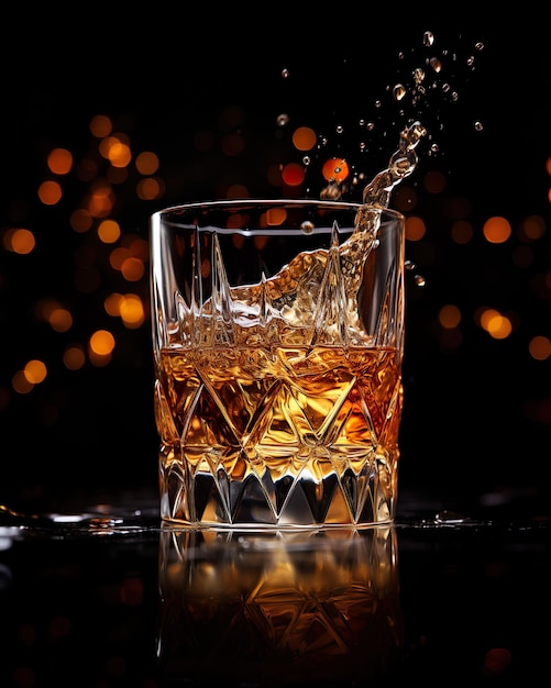 Whiskey Pouring Action Amber Liquid Stream from Bottle to Glass with Light Refraction on Background