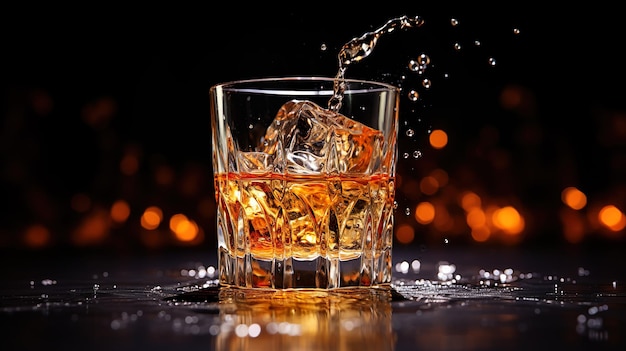 Whiskey Pouring Action Amber Liquid Stream from Bottle to Glass with Light Refraction on Background