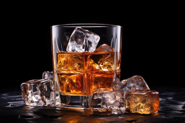 Photo whiskey on the rocks with ice cubes on a black background lass of whiskey with ice cubes on plain background ai generated