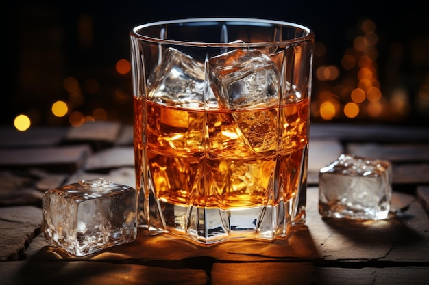 Whiskey served neat capturing the composition with clear ice in a crystal glass