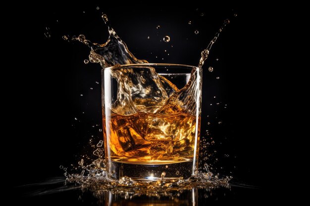 Whiskey shot with splash isolated against black