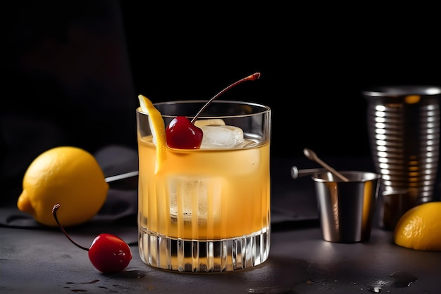 Whiskey sour cocktail with ice in glass on a black background Aperitif on a dark background Generated AI