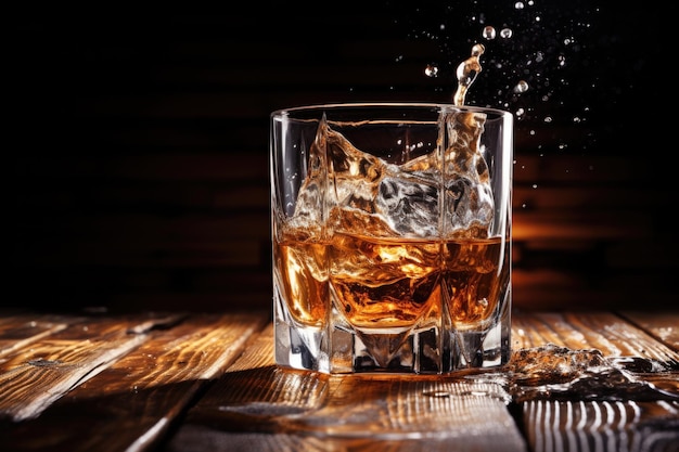 Foto whiskey spruzzato in bicchiere su un tavolo di legno