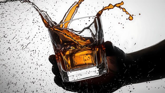 Photo whiskey splashing out of glass isolated on white background