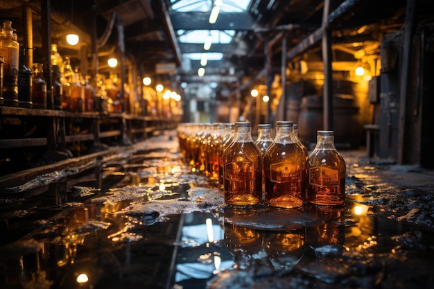 Whiskey tasting in historical distillery barrels in the background generative IA