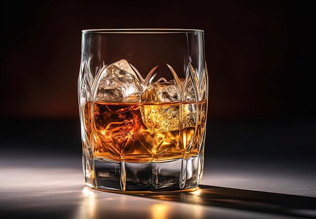 Whiskey with ice in glass on black background