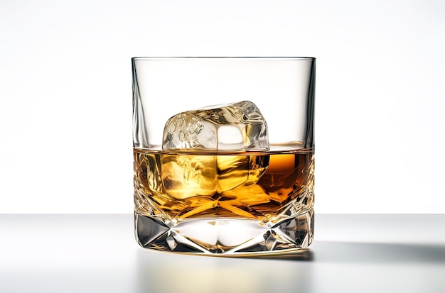 Whisky con ghiaccio in vetro su sfondo bianco