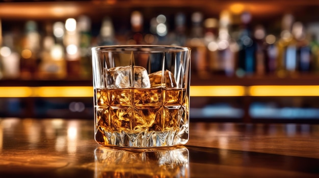 whiskey with ice on a wooden table in vintage liquor store counter with copy space is empty