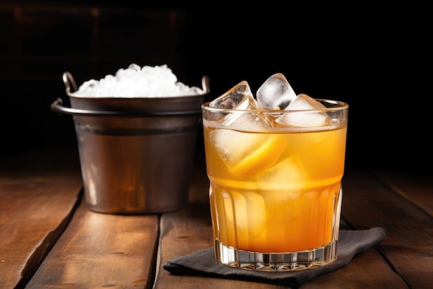 Foto whiskey zure cocktail naast een emmer ijs