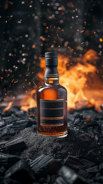Whisky bottle mockup on dark background with charcoals sparkles and fire