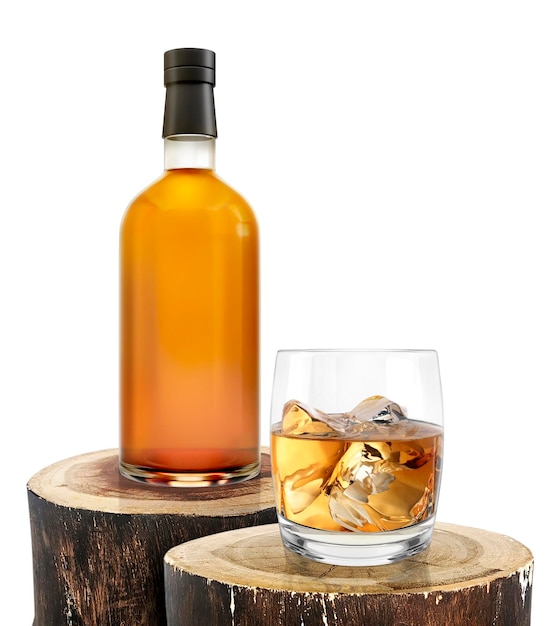 Whisky bottle with glass on old wood log