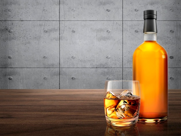 Whisky bottle with glass on wood counter cement background