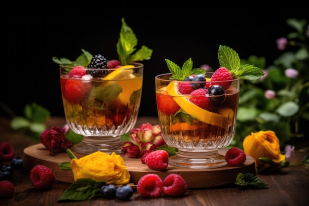Whisky cocktails garnished with fresh fruit created with generative ai