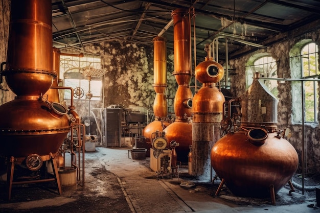 Whisky distillation equipment and copper stills created with generative ai