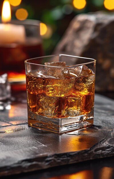 Photo whisky drink and ice in the style of opaque resin panels