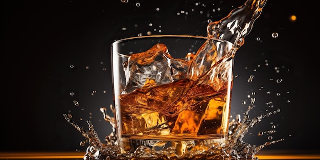 Whisky fluid liquid background luxury still life of whisky glass with ice cube
