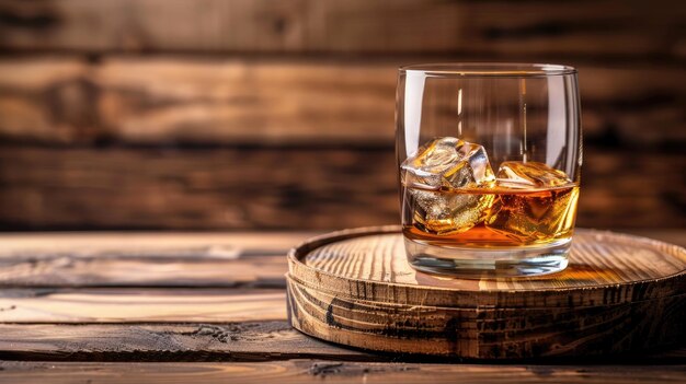 Whisky glas met ijsblokjes geplaatst op een houten vat tegen een rustieke houten