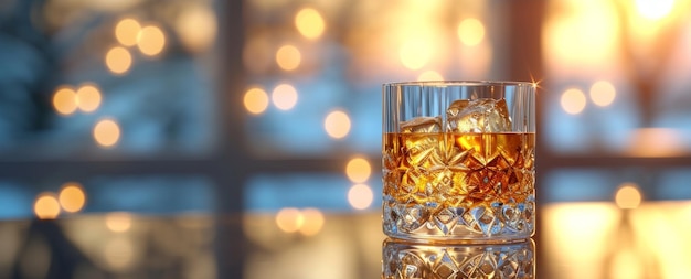 whisky ijskoud in een glas naast een weerspiegeling van een bar