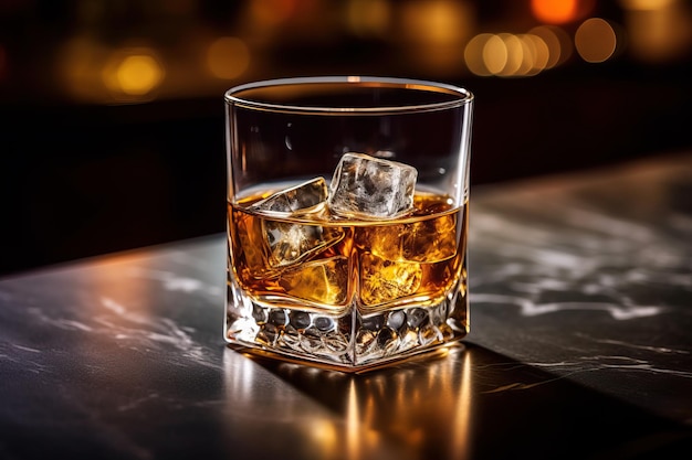 whisky in stenen glas op tafel boven restaurant Bar Achtergrond