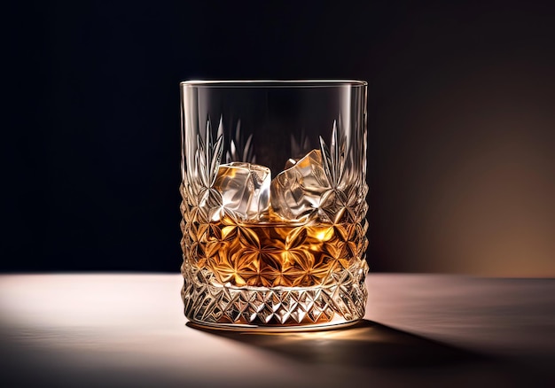 Whisky met ijs in glas op zwarte achtergrond