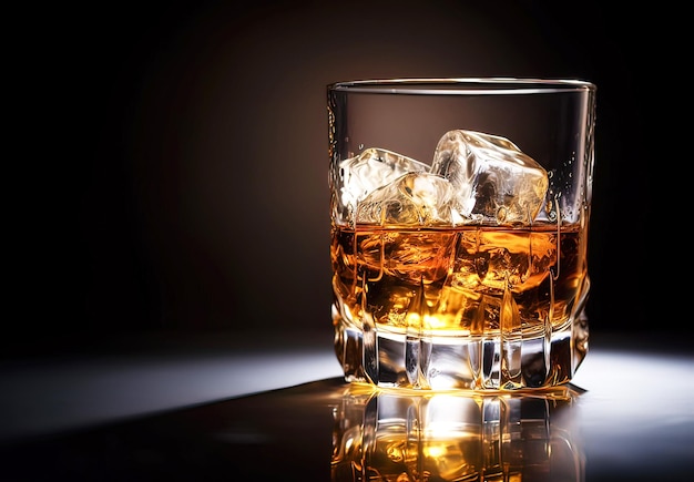 Whisky met ijs in glas op zwarte achtergrond