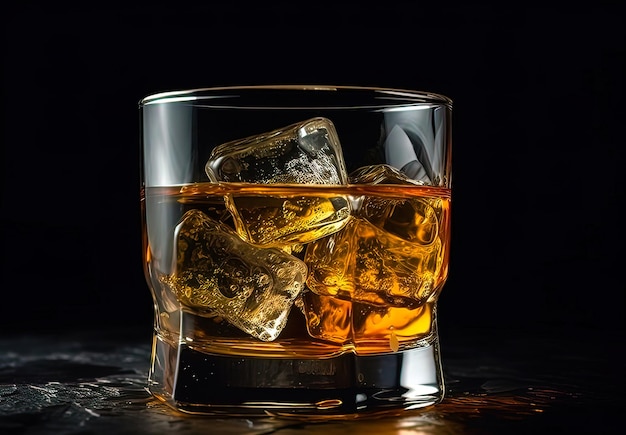 Whisky met ijs in glas op zwarte achtergrond