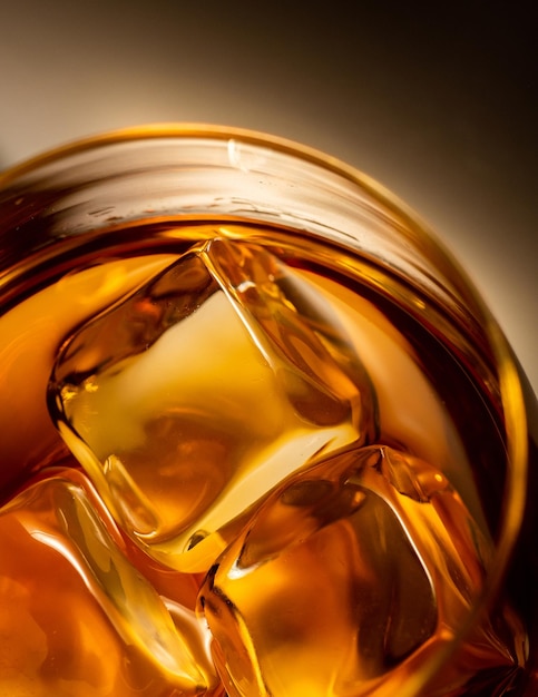 Photo whisky on the rocks glass filled with ice cubes closeup shot