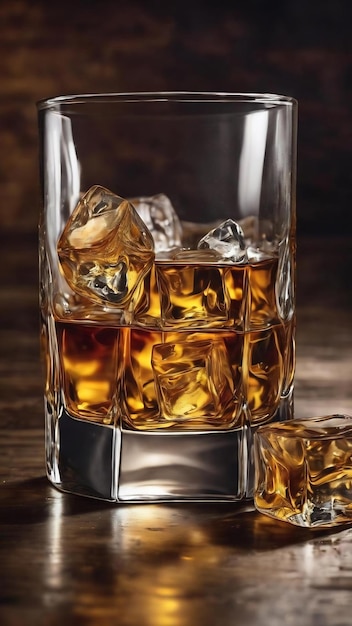 Whisky vloeistof vloeibare achtergrond luxe stilleven van whisky glas met ijsblok